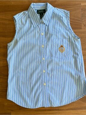 Lauren Ralph Lauren Blue Striped Sleeveless Shirt Crest Logo Size 6